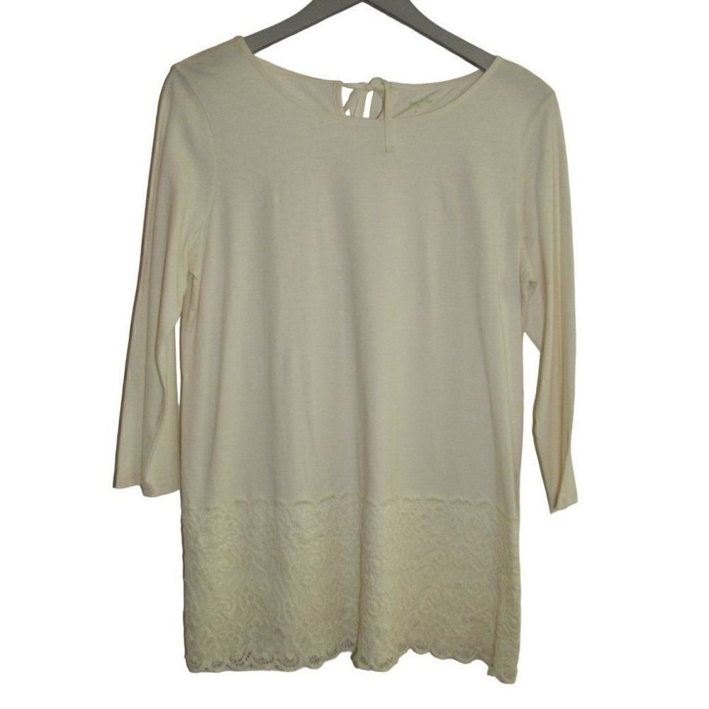 Garnet Hill Cream 3/4 Sleeve Lace Hem Knit Tie Neck Top Sz M